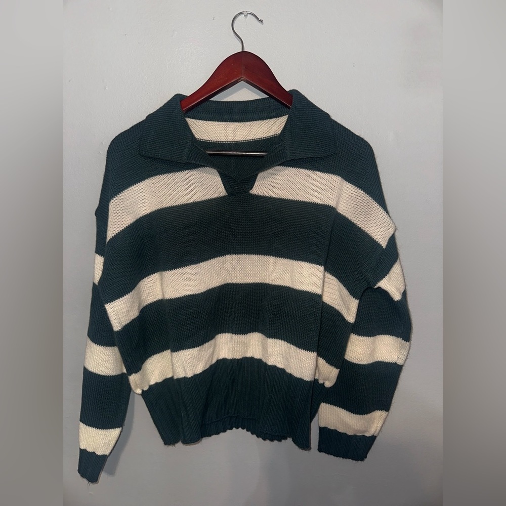 Striped Off White and Dark Green Sweater